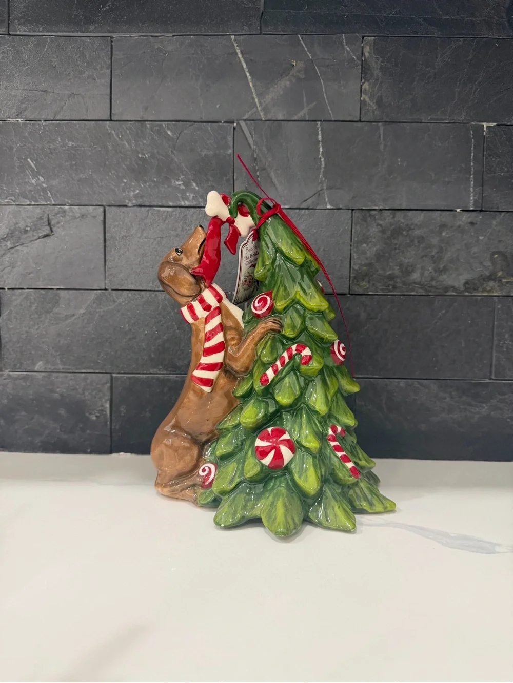 Festive Dog & Christmas Tree Holiday Figurine - Red and Green